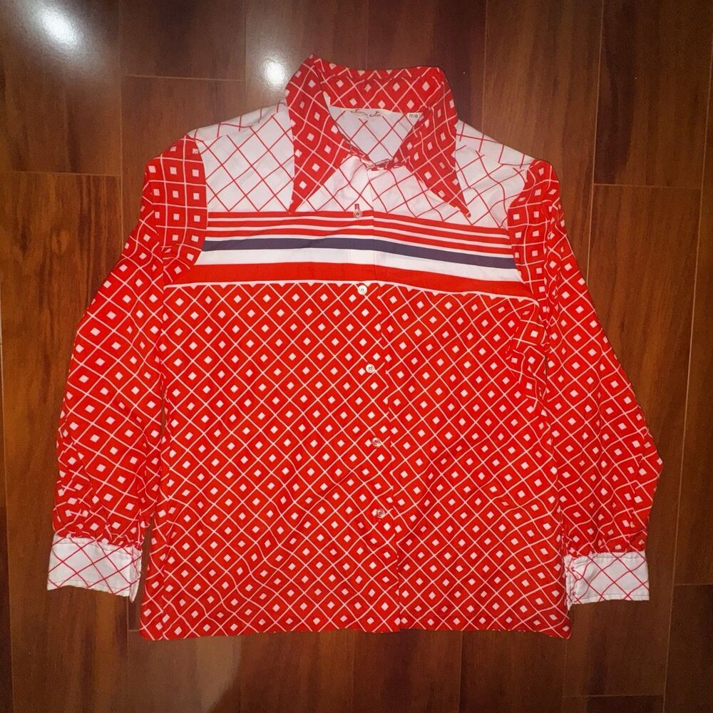 Vintage Jinny Jin Red White Geometric Blouse Retro Mod Shirt Womens 17/18